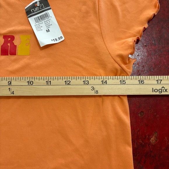 NWT Rue21 “Fire” Graphic Orange Cropped Tee Short Sleeve Ruffled Hem Medium - Picture 6 of 7
